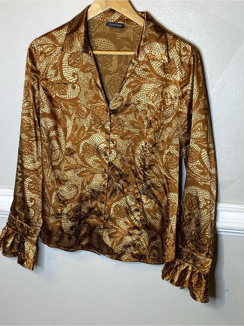 Spense Brown and Gold Patterned Satin Button-Down Blouse